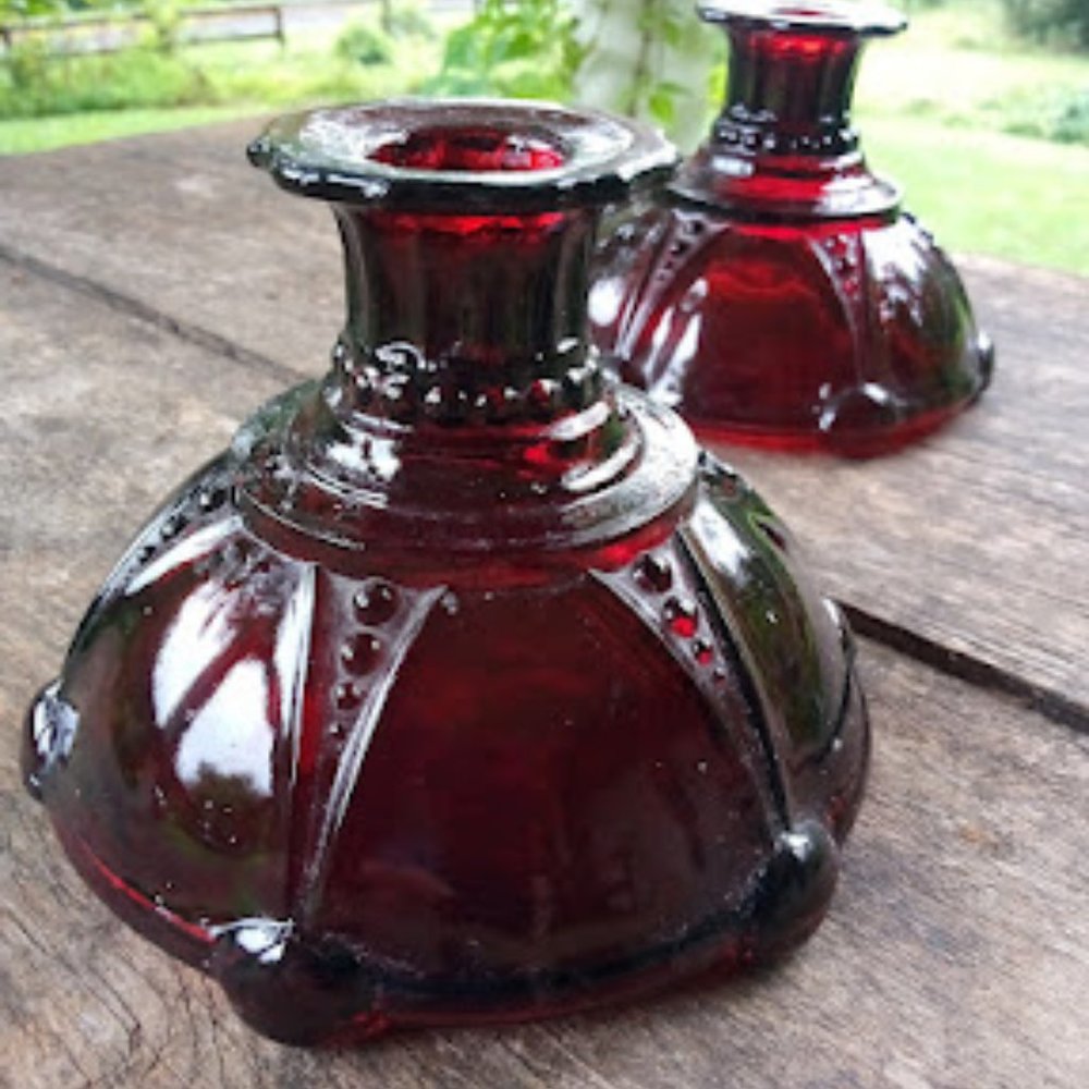 Ruby red depression glass candlestick holders a pair